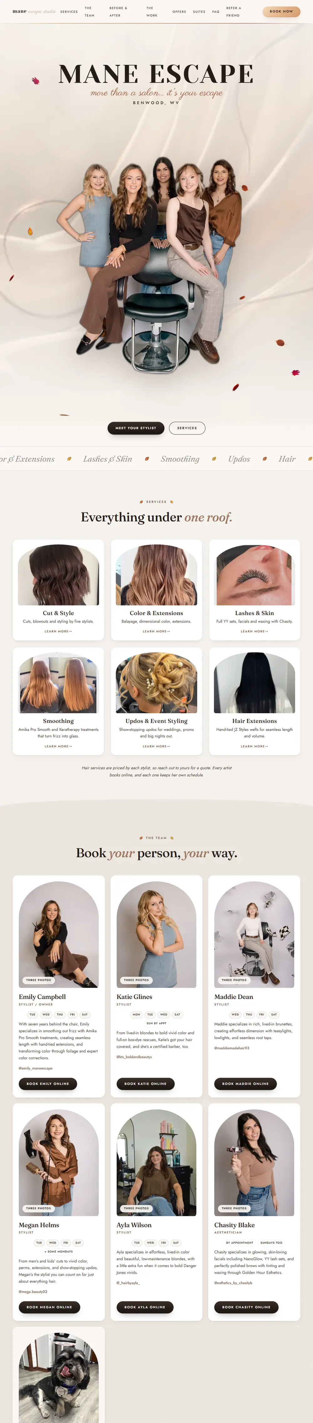 Mane Escape Studio&rsquo;s website, a long stretch of the page.