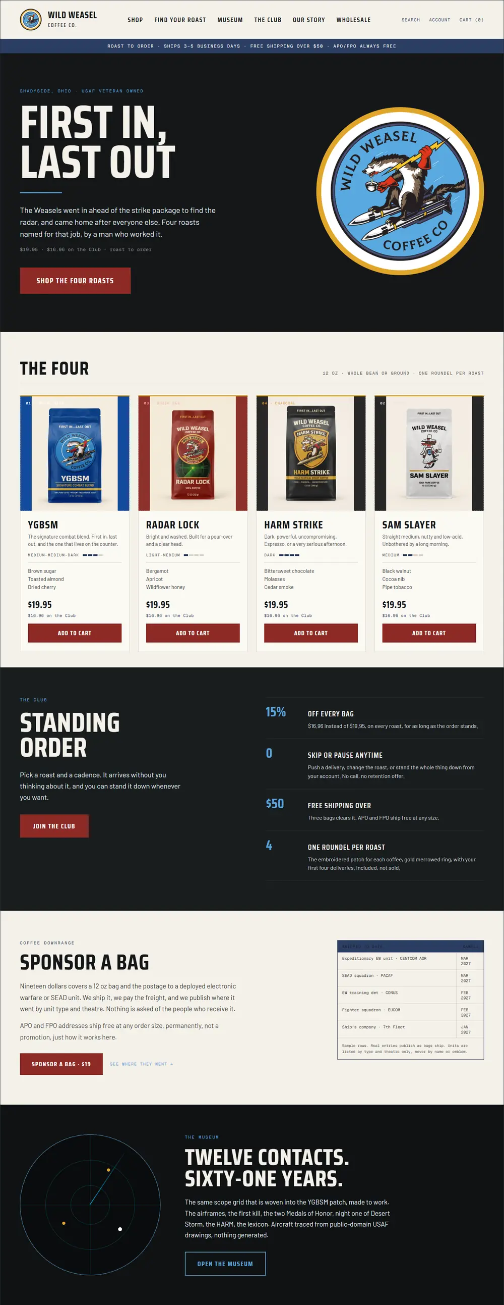 Wild Weasel Coffee Co.’s storefront: the roasts, with their prices.