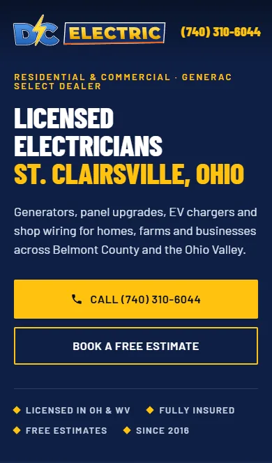 DC Electric&rsquo;s website on a phone.
