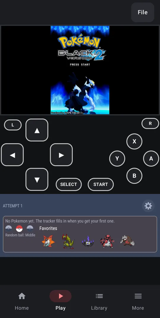 Black 2 at its title screen on a phone, the tracker under the game: attempt 1 and the Setup gear, No Pokemon yet, the random ball picker on Middle, and five favorites as Pok&eacute;mon icons: Volcarona, Haxorus, Chandelure, Krookodile and Excadrill