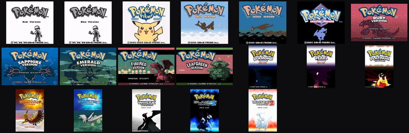 Title screens of the Pok&eacute;mon games from Red to White 2, each booted in KaizoCore