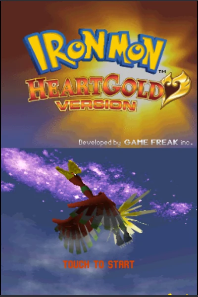 The IronMON HeartGold Version title screen on both DS screens, Ho-Oh flying over the clouds on the bottom screen