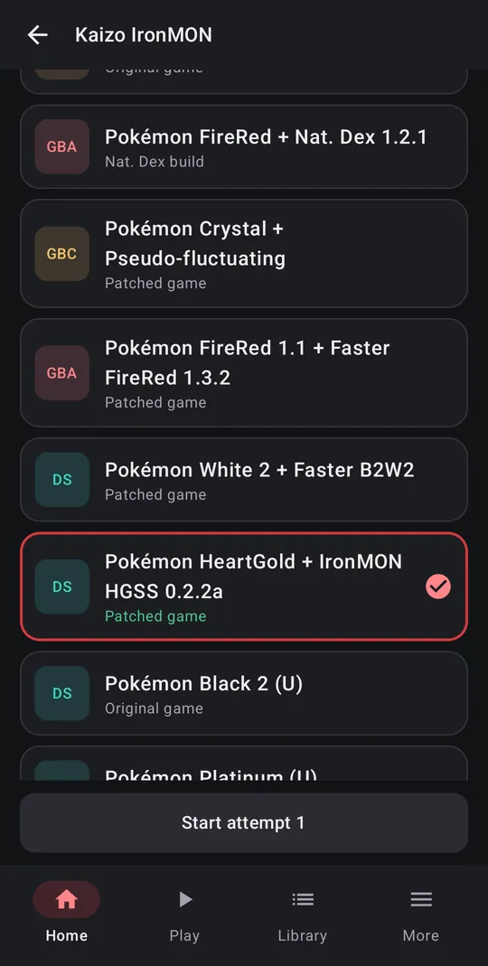 The Kaizo IronMON game list: FireRed + Nat. Dex 1.2.1, Crystal + Pseudo-fluctuating, FireRed 1.1 + Faster FireRed 1.3.2, White 2 + Faster B2W2, HeartGold + IronMON HGSS 0.2.2a picked, and Black 2 as the original game