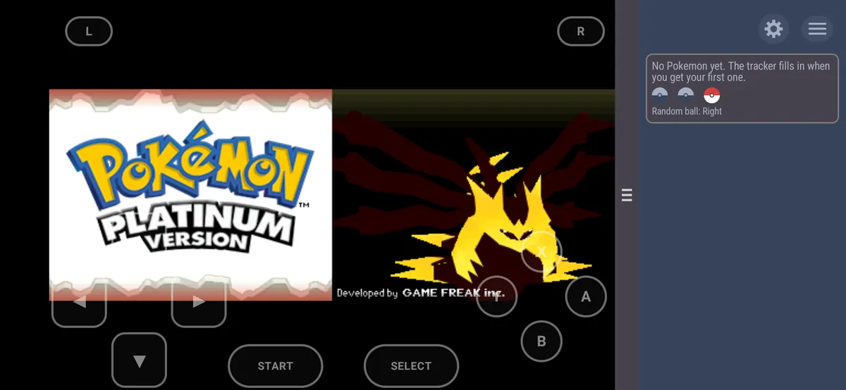 Platinum in landscape: both DS screens side by side, the touch buttons around them, and the tracker docked on the right with the random ball picker