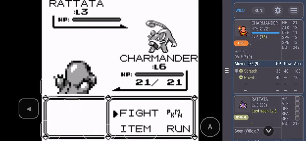 Pok&eacute;mon Red in landscape on a phone: a wild Rattata in battle on the left, and the IronMON tracker docked on the right with Charmander's HP bar, level, stats and moves, and the Rattata's card under it