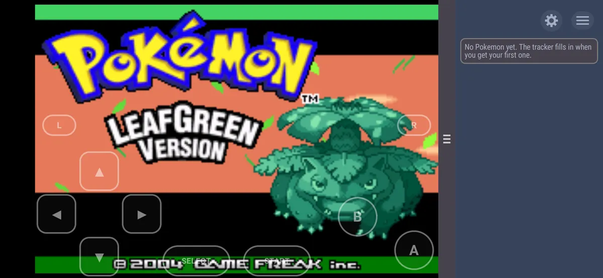 LeafGreen's title screen in landscape, the touch buttons over the game, and the tracker docked on the right with the Setup gear, the menu and No Pokemon yet