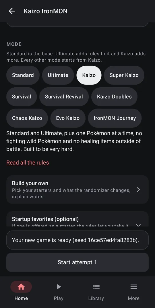 The Mode row with all ten modes: Standard, Ultimate, Kaizo, Super Kaizo, Survival, Survival Revival, Kaizo Doubles, Chaos Kaizo, Evo Kaizo and IronMON Journey, Kaizo picked and its rules in one line under the row; then Read all the rules, Build your own, Startup favorites, the new game ready with its seed, and Start attempt 1
