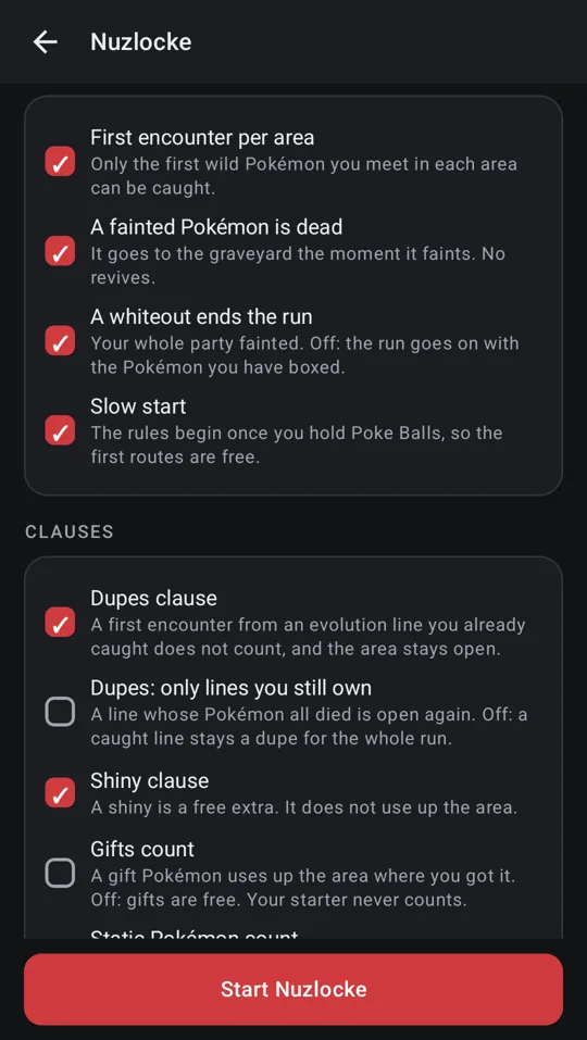 The Nuzlocke rules screen: First encounter per area, A fainted Pok&eacute;mon is dead, A whiteout ends the run, Slow start, and the clauses under them, with Start Nuzlocke at the foot
